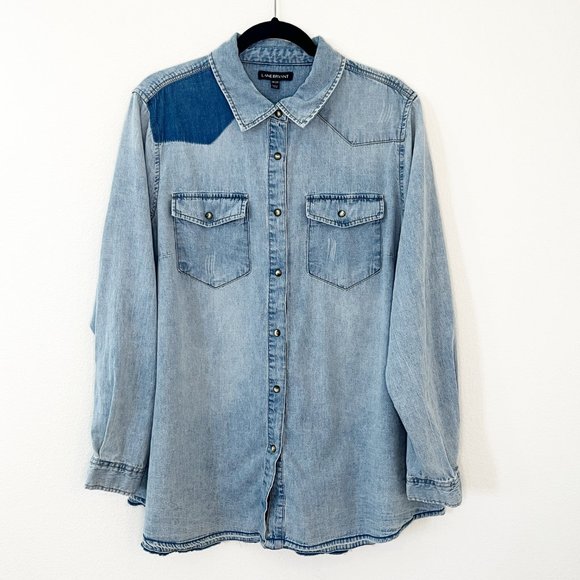Lane Bryant Tops - Lane Bryant Denim Chambray Pearl Snap Button Up Western Blouse